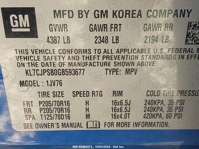 KL7CJTSB0GB593677 Chevrolet TRAX 1LT