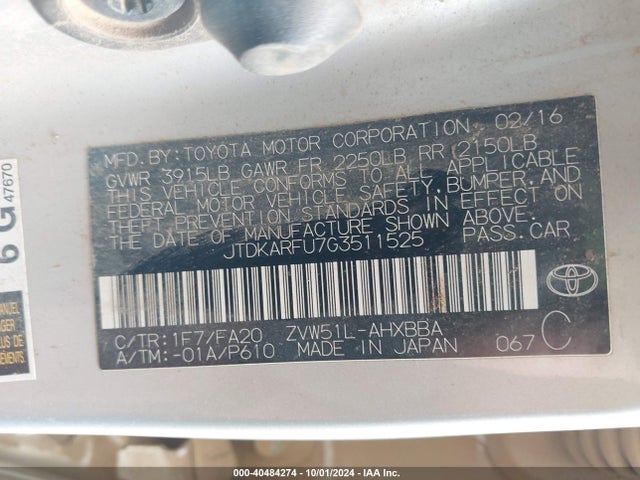 Toyota Prius Two Eco 2016 JTDKARFU7G3511525 Image 9