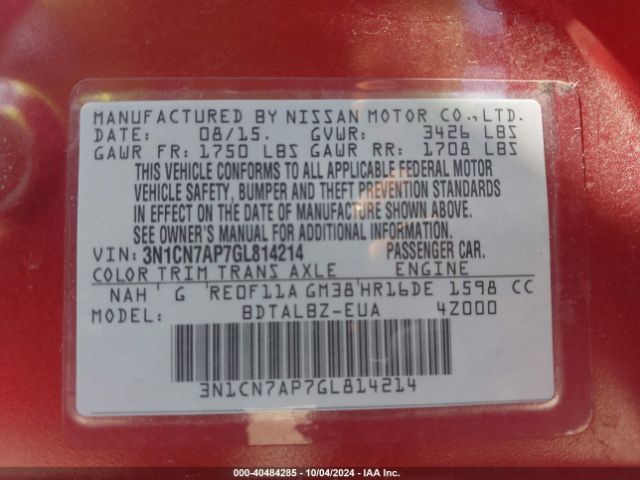 3N1CN7AP7GL814214 Nissan Versa 1.6 S/1.6 S+/1.6 Sl/1.6 Sv