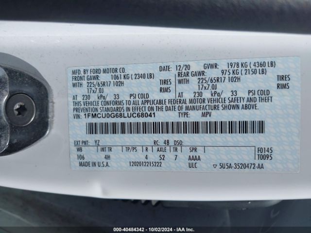 1FMCU0G68LUC68041 Ford ESCAPE SE