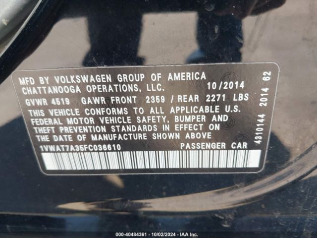 1VWAT7A35FC036610 Volkswagen Passat 1.8t Wolfsburg Edition
