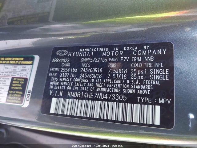 KM8R14HE7NU473305 Hyundai Palisade Se