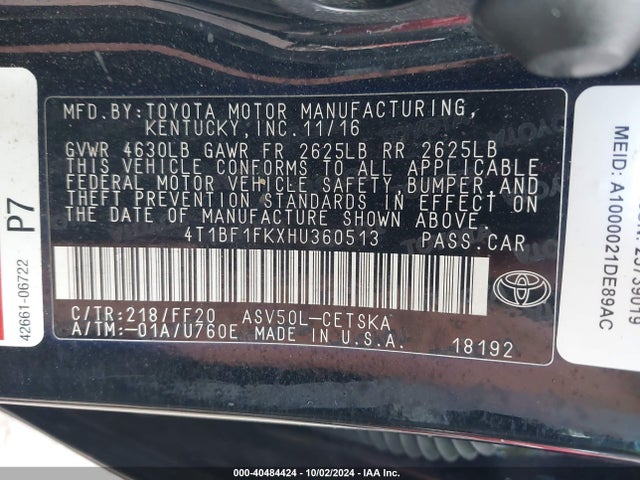 Toyota CAMRY SE 2017 4T1BF1FKXHU360513 Image 9