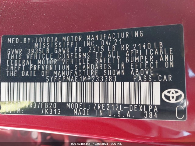 Toyota COROLLA LE 2021 5YFEPMAE1MP233383 Image 9