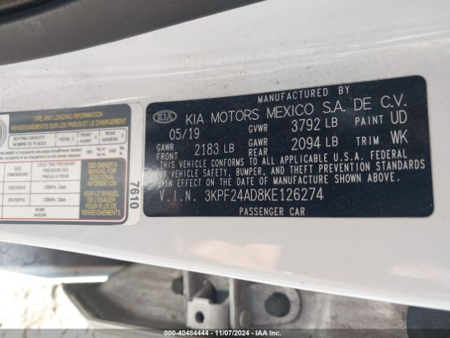 3KPF24AD8KE126274 KIA Forte Lxs