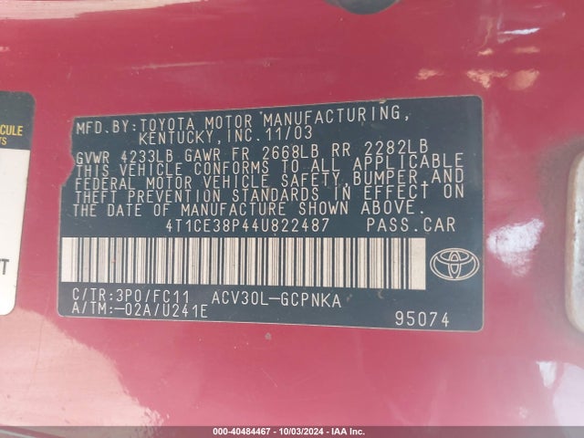 2004 Toyota Camry Solara Se Sport მანქანა იყიდება აუქციონზე, vin: 4T1CE38P44U822487, აუქციონის ნომერი: 40484467