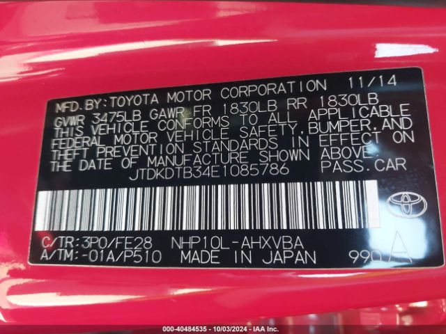 JTDKDTB34E1085786 Toyota Prius C One