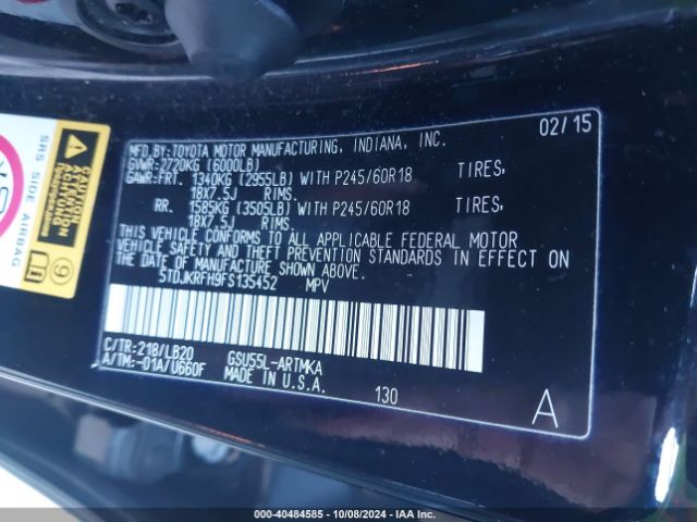 5TDJKRFH9FS135452 Toyota Highlander Xle V6