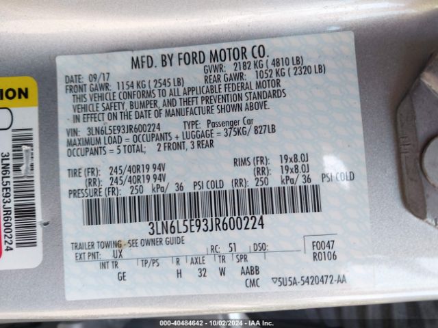 3LN6L5E93JR600224 Lincoln Mkz Reserve