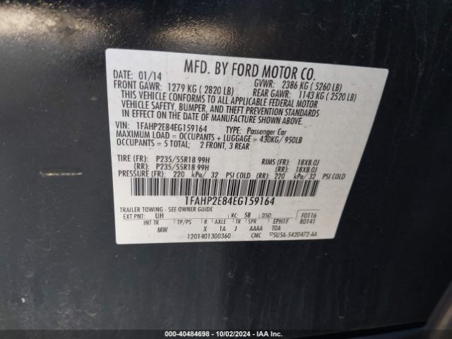 1FAHP2E84EG159164 Ford TAURUS SEL