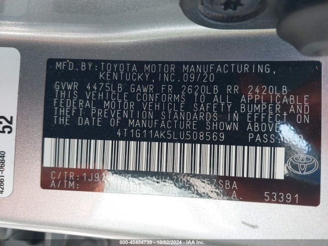 Toyota CAMRY SE 2020 4T1G11AK5LU508569 Image 9