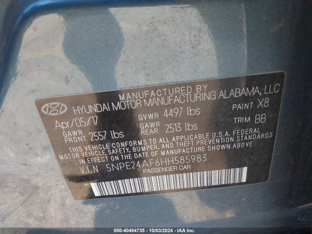Hyundai Sonata 2017 5NPE24AF6HH585983 Image 9