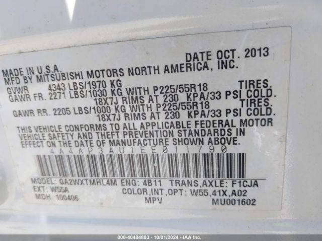 4A4AP3AU1EE011790 Mitsubishi Outlander Sport Es