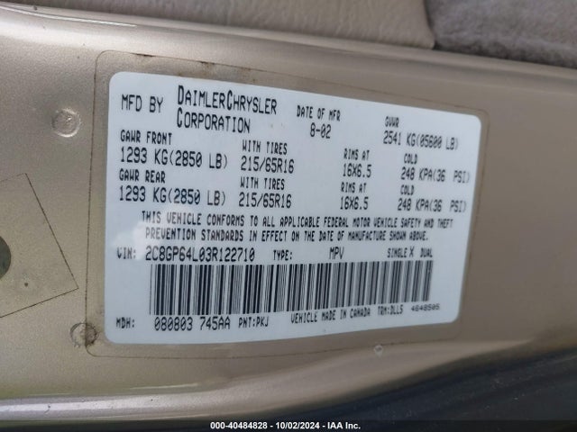 Продаж на аукціоні авто 2003 Chrysler Town & Country Limited, vin: 2C8GP64L03R122710, номер лоту: 40484828