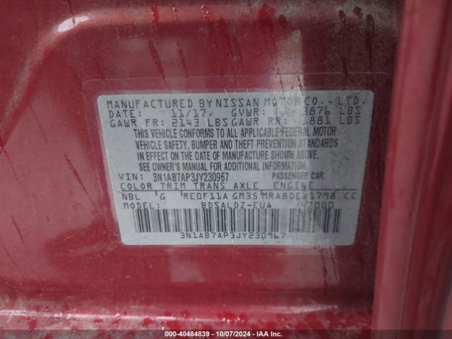 3N1AB7AP3JY230967 Nissan SENTRA SV