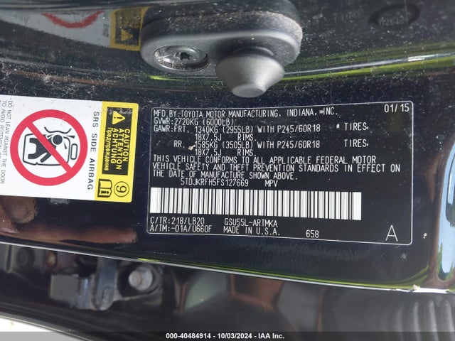 Toyota Highlander Xle V6 2015 5TDJKRFH5FS127669 Image 9