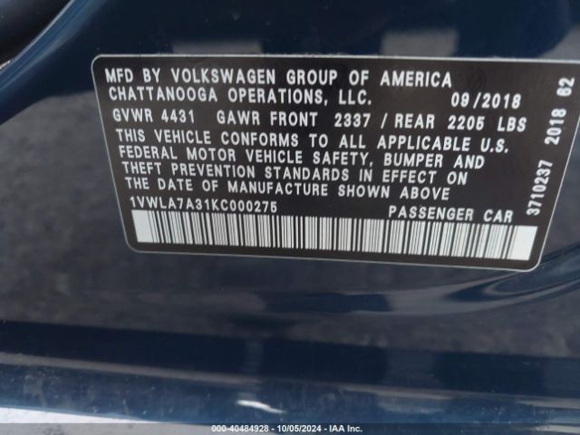 1VWLA7A31KC000275 Volkswagen Passat 2.0t Wolfsburg Edition