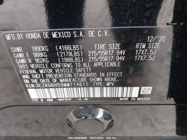 3CZRU6H59MM714611 Honda Hr-v Awd Ex
