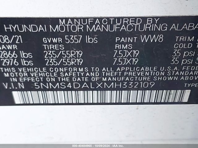 5NMS4DALXMH332109 Hyundai Santa Fe Limited