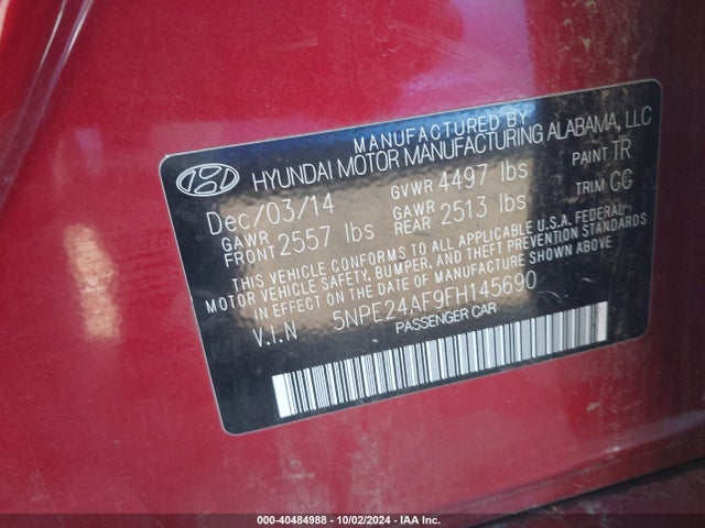 Hyundai SONATA SE 2015 5NPE24AF9FH145690 Image 9
