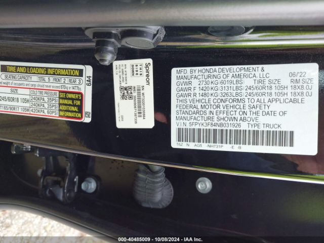 5FPYK3F84NB031926 Honda Ridgeline Black Edition