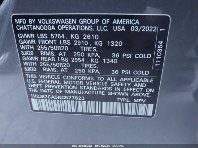 1V2JR2CA5NC527823 Volkswagen Atlas 3.6l V6 Se W/technology
