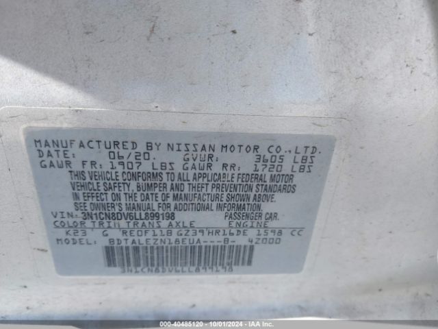3N1CN8DV6LL899198 Nissan Versa S Xtronic Cvt
