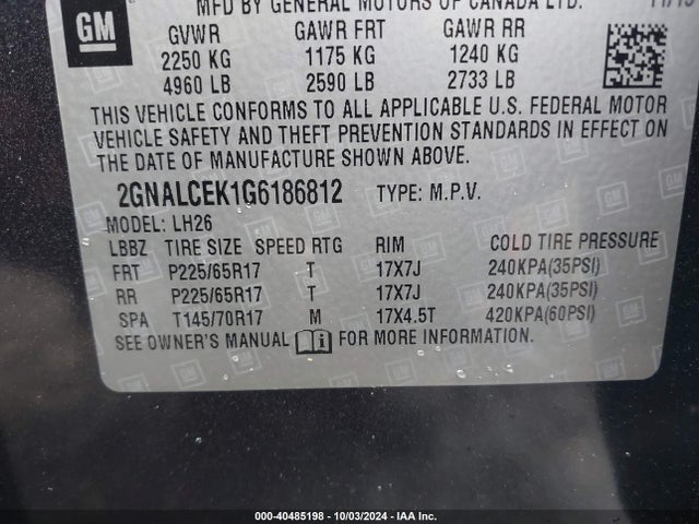 Chevrolet EQUINOX LT 2016 2GNALCEK1G6186812 Image 9