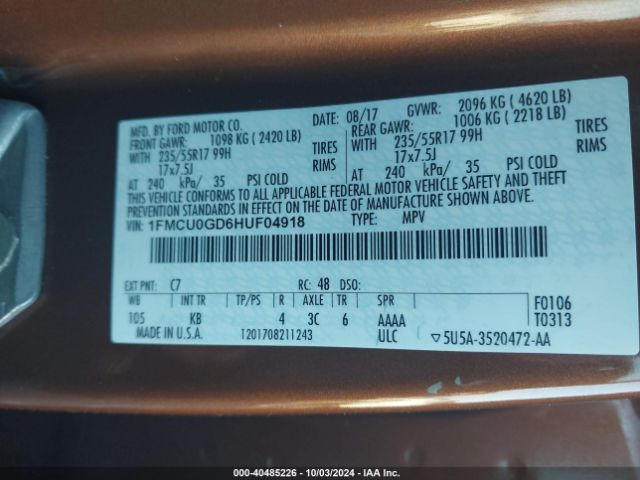 1FMCU0GD6HUF04918 Ford ESCAPE SE