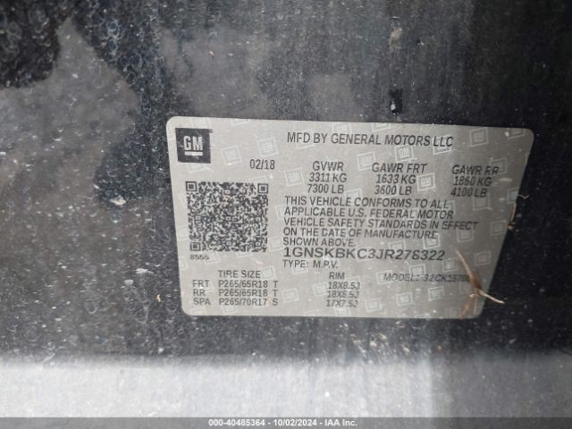 1GNSKBKC3JR278322 Chevrolet Tahoe Lt