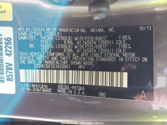 5TDYK3DC5ES423941 Toyota Sienna Xle V6 8 Passenger