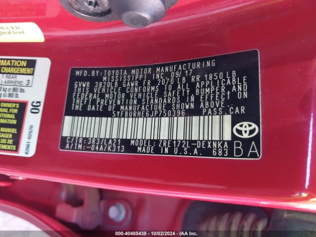 5YFBURHE6JP750396 Toyota Corolla Xle