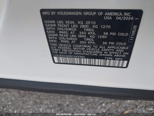 1V2JE2CA4RC243360 Volkswagen Atlas Cross Sport 2.0t Se W/technology