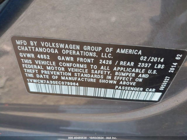 1VWCN7A30EC079964 Volkswagen Passat 2.0l Tdi Sel Premium