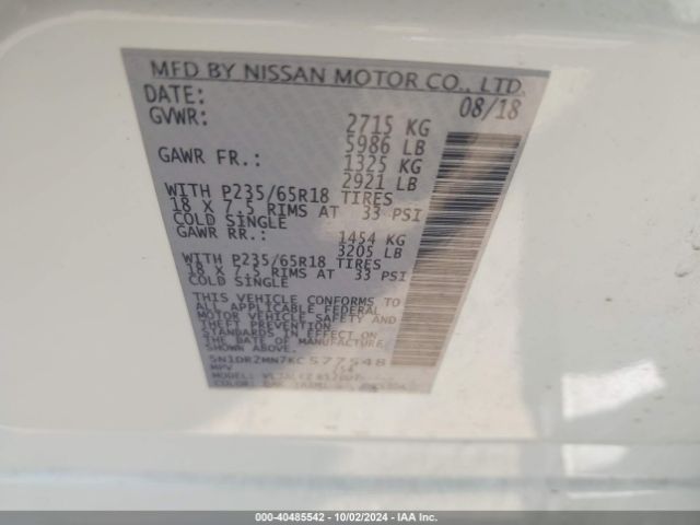 5N1DR2MN7KC577548 Nissan Pathfinder Sv