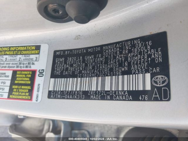 2T1BURHE7GC741196 Toyota COROLLA LE