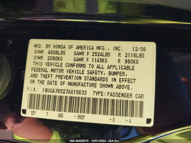 Aukcja sprzedaży 2007 Acura Tl Type S, vin: 19UUA76527A015633, numer aukcji: 40485579