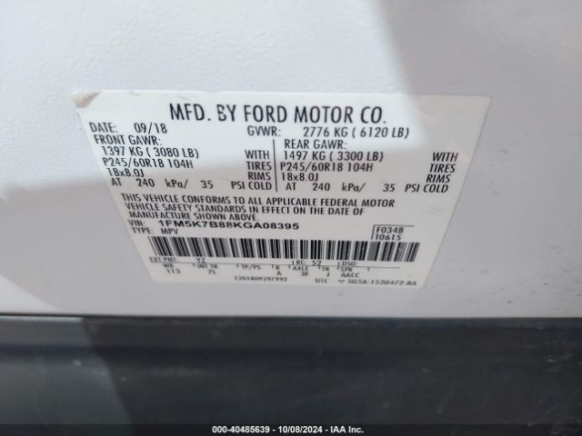 1FM5K7B88KGA08395 Ford Explorer