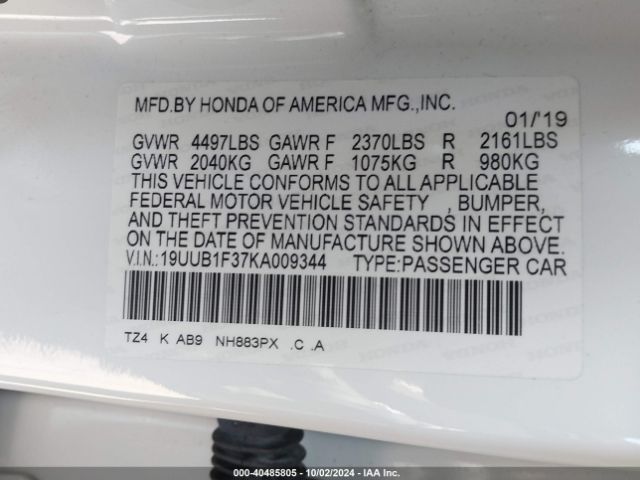 19UUB1F37KA009344 Acura Tlx Standard