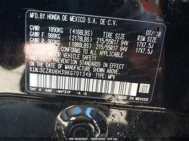 Honda HR-V LX 2019 3CZRU6H39KG701349 Image 9