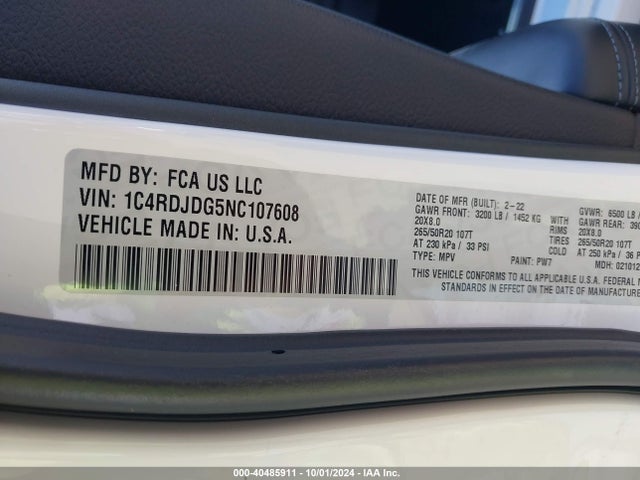 1C4RDJDG5NC107608 Dodge Durango Gt Plus Awd