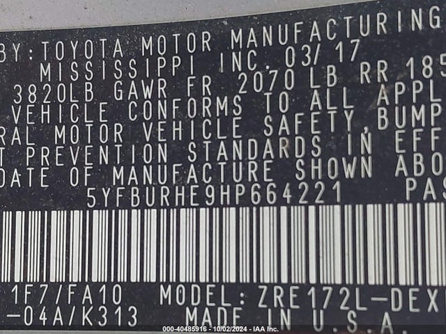 Toyota COROLLA L 2017 5YFBURHE9HP664221 Image 9
