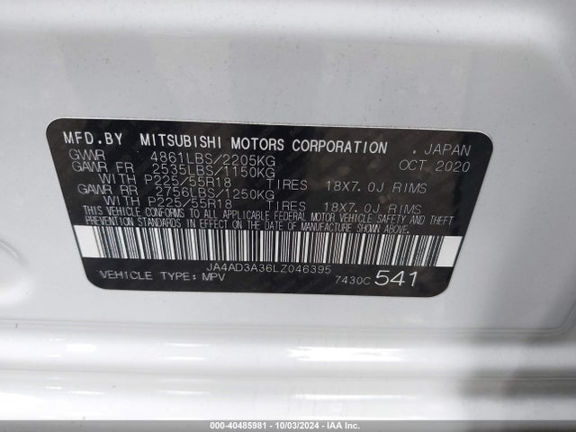 2020 MITSUBISHI OUTLANDER JA4AD3A36LZ046395 Photo 8