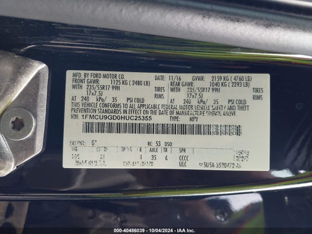 1FMCU9GD0HUC25355 Ford ESCAPE SE