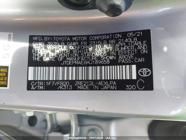 Toyota COROLLA LE 2021 JTDEPMAE6MJ189658 Image 9