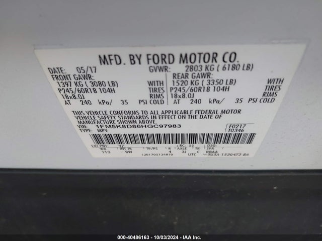 Ford EXPLORER XLT 2017 1FM5K8D86HGC97983 Image 9