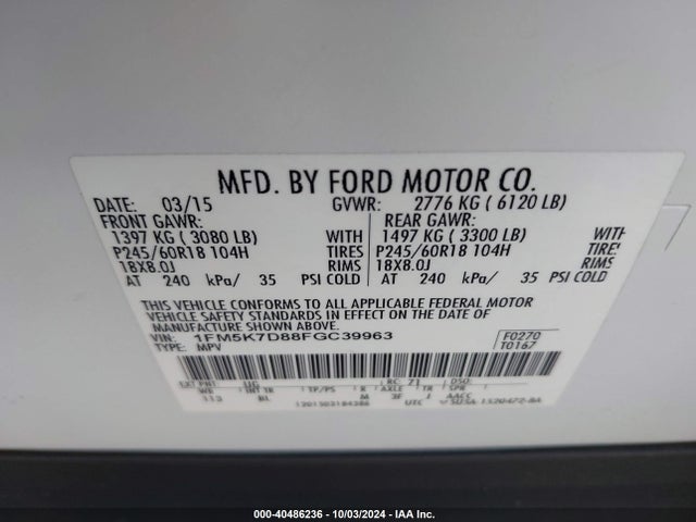 Ford EXPLORER XLT 2015 1FM5K7D88FGC39963 Image 9