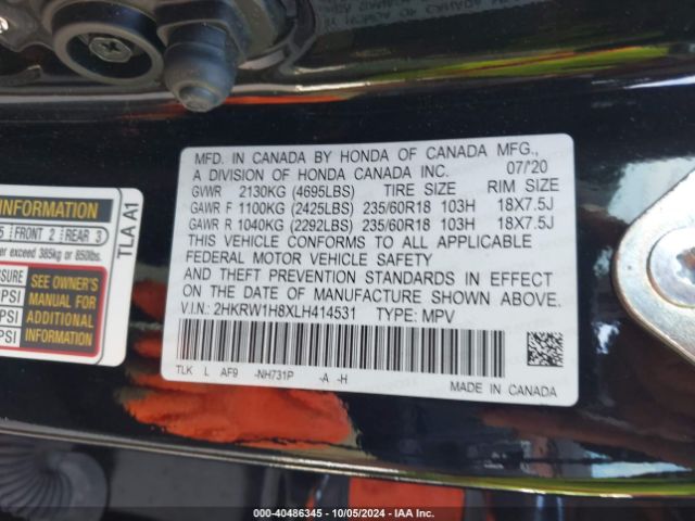 2HKRW1H8XLH414531 Honda Cr-v 2wd Ex-l