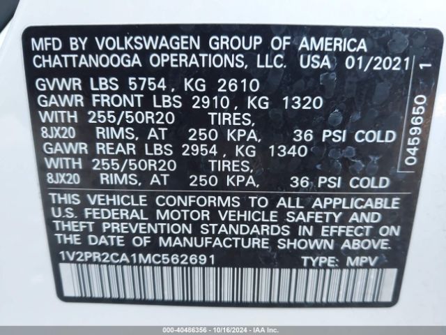 1V2PR2CA1MC562691 Volkswagen Atlas 3.6l V6 Se W/technology R-line