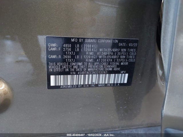 4S4BTACC3N3213747 Subaru Outback Premium